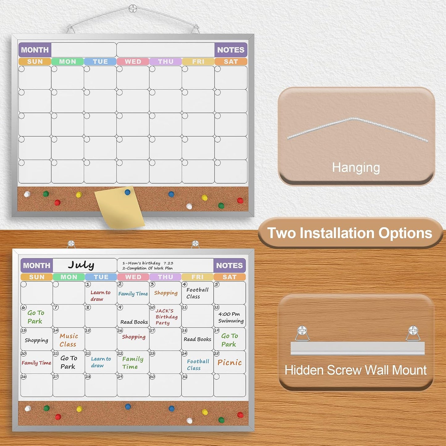 Monthly Calendar Dry Erase Board 16x12 Inch, Double-Sided Whiteboard and Corkboard Combo, Wall Mounted Planner Organizer with Markers, Magnets, Push Pins, Eraser, for Home Office School