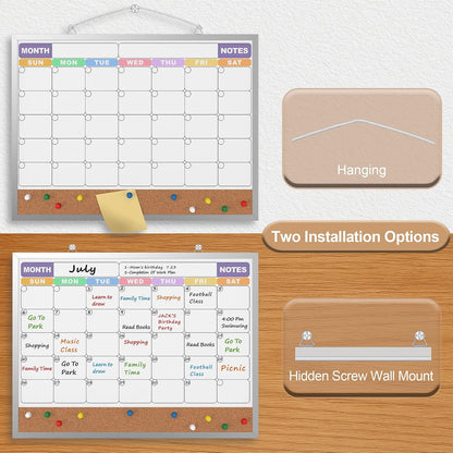 Monthly Calendar Dry Erase Board 16x12 Inch, Double-Sided Whiteboard and Corkboard Combo, Wall Mounted Planner Organizer with Markers, Magnets, Push Pins, Eraser, for Home Office School