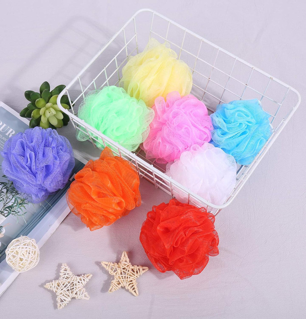 Bath Sponges, Small Size Colorful Shower Sponges Exfoliating Mesh Pouf Bath Ball Body Scrubber for Travel Pack of 8