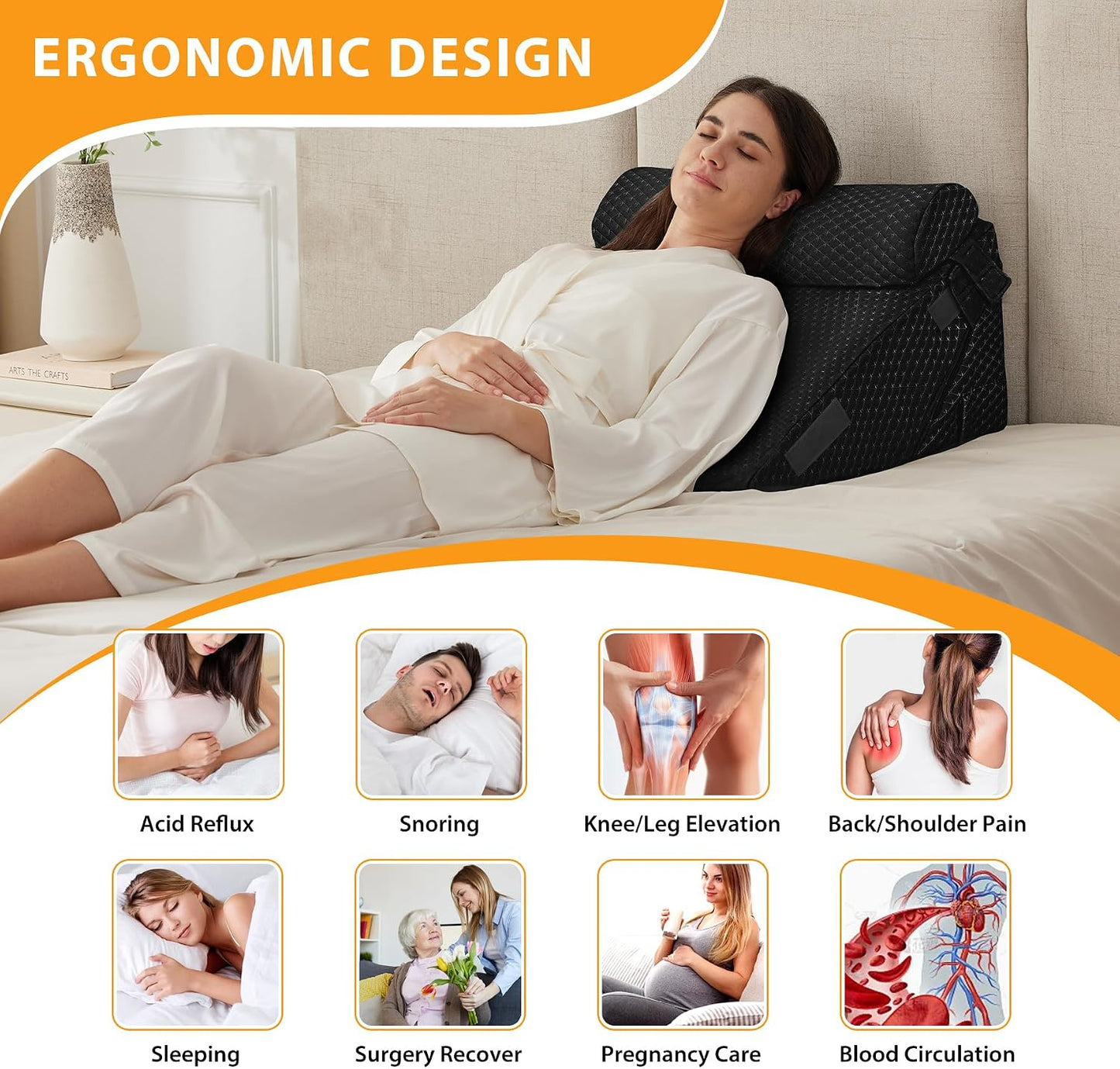 Ruqmuis 3PCS Wedge Pillow Set for After Surgery, Adjustable 9&12 Inch Bed Wedge Pillow for Sleeping, Incline Pillow Wedge for Headboard, Post Surgery, Acid Reflux, Neck&Back Support, White/Grey