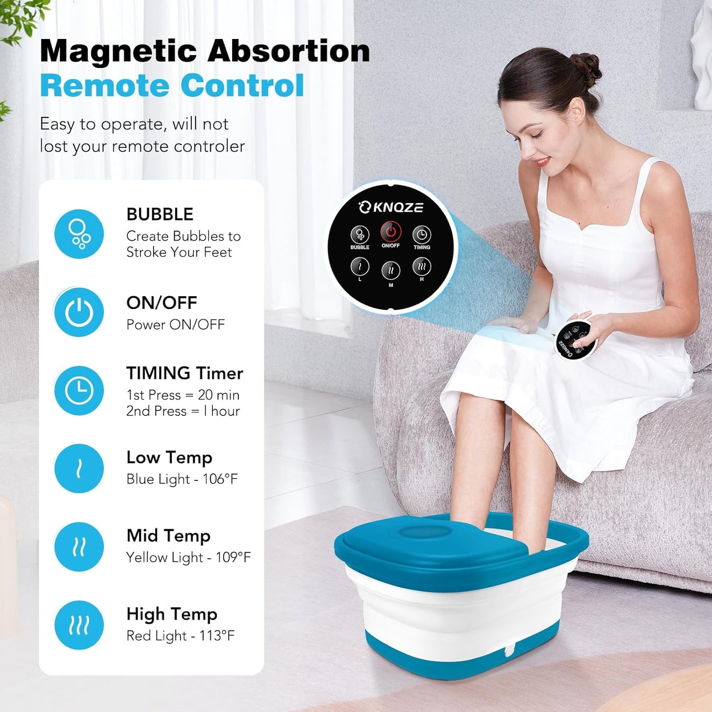 KNQZE Collapsible Foot Spa Bath with Heat & Remote Control, Bubble Massage, Temperature Control, Red Light, Timer, 16 Rollers & Pumice Stone for a Soothing Spa Experience