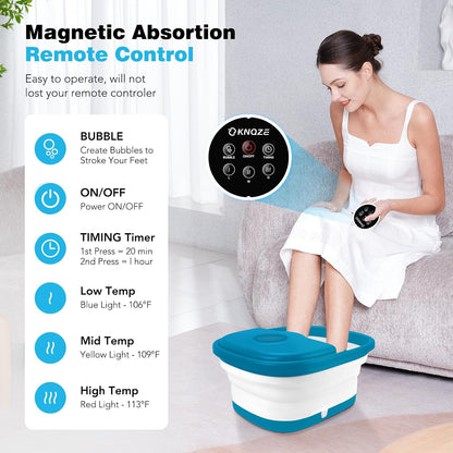 KNQZE Collapsible Foot Spa Bath with Heat & Remote Control, Bubble Massage, Temperature Control, Red Light, Timer, 16 Rollers & Pumice Stone for a Soothing Spa Experience