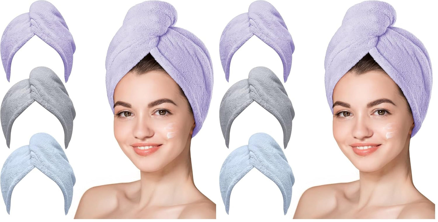 Hicober Microfiber Hair Towel Wrap, Fast Drying Hair Towels for Women, Soft Lightweight Quick Dry Turban for Curly & Long Hair–3 Pack(Blue/Grey/Pink)
