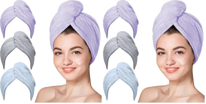Hicober Microfiber Hair Towel Wrap, Fast Drying Hair Towels for Women, Soft Lightweight Quick Dry Turban for Curly & Long Hair–3 Pack(Blue/Grey/Pink)