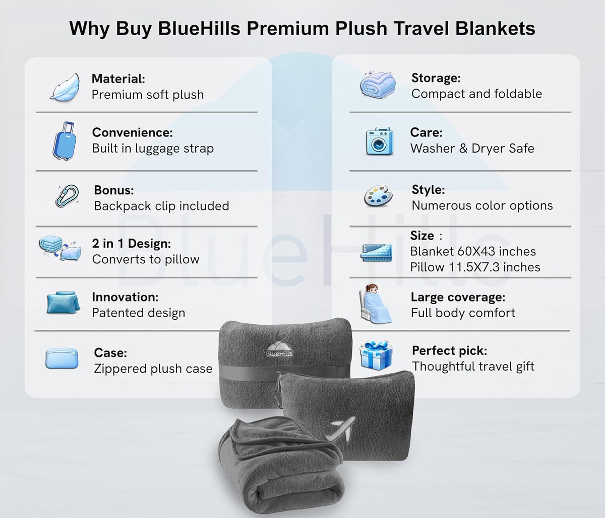 BlueHills Premium Soft Plush Mini Travel Blanket Pillow Plane 2 in 1 Gray