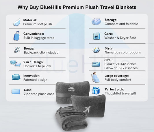 BlueHills Premium Soft Plush Mini Travel Blanket Pillow Plane 2 in 1 Gray