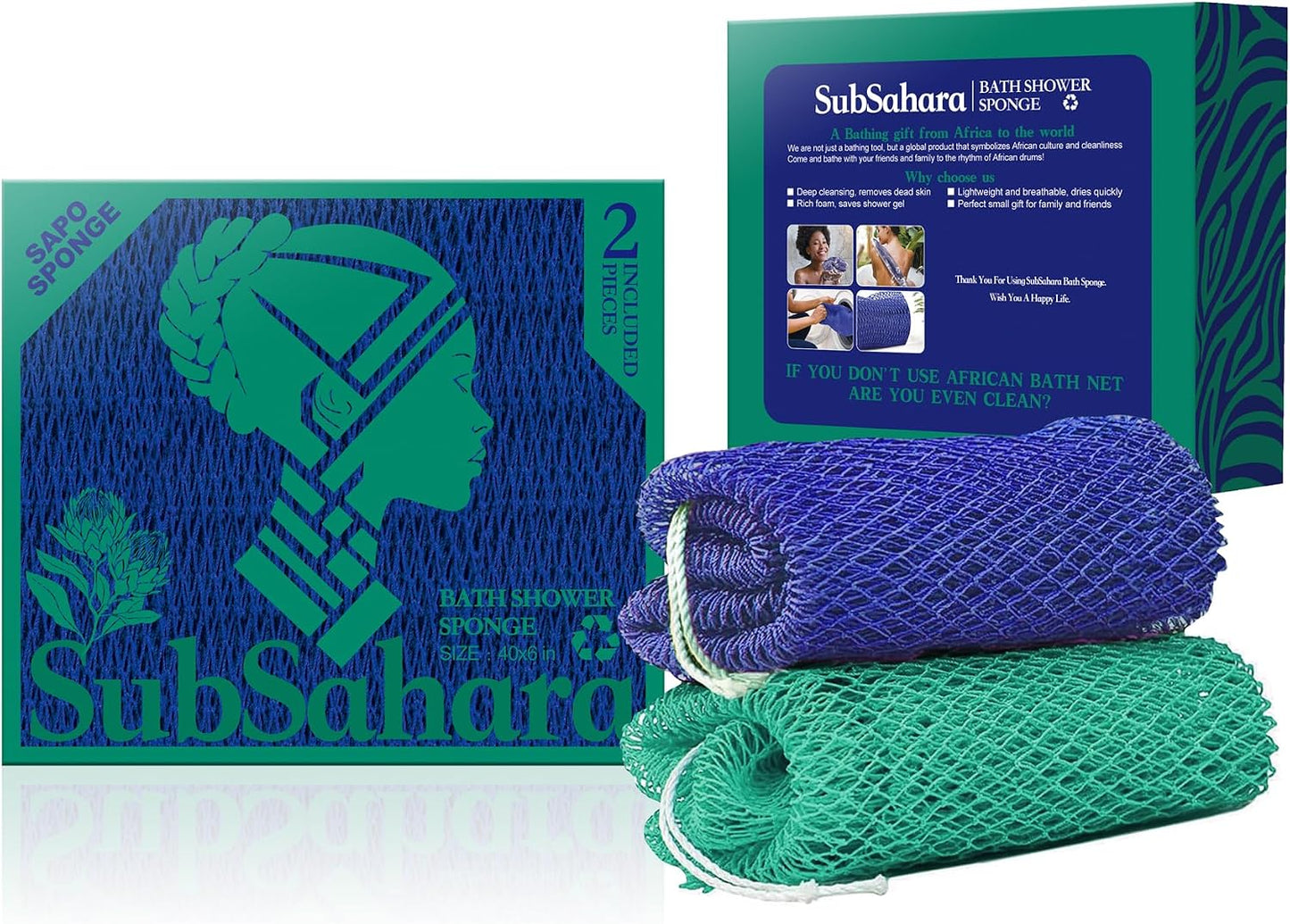 SubSahara Authentic African Net Sponge - 2 Pack Exfoliating Bath & Shower Loofah Sponge for Body & Face, Gentle Scrubber for All Skin Types, Travel, Durable Polyester (Olive Green & Light Green)