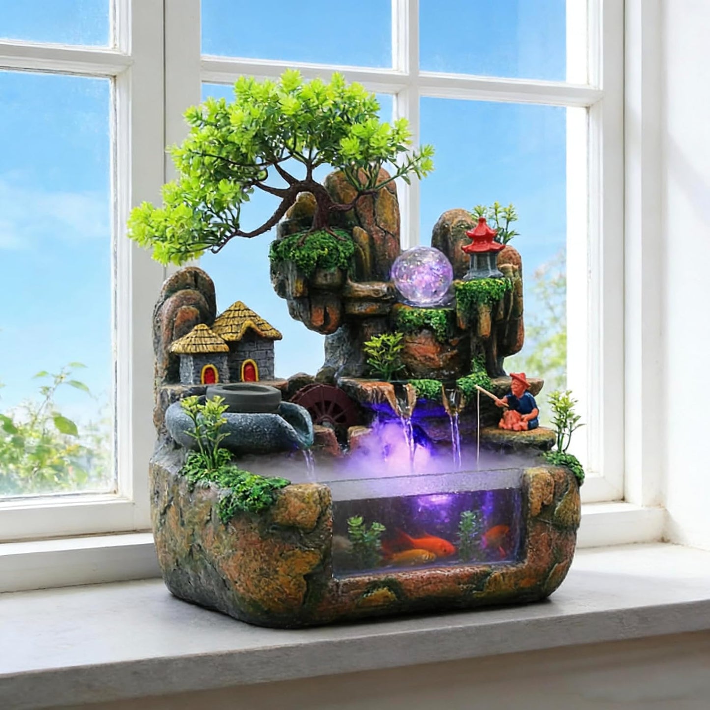 Mini Artificial Bonsai Tree Waterfall Fog Feature Rock Tabletop Fountain | 11in Desktop Decor Waterfall Fountain W/ Water Pump& Atomizer&LED Lights &Fake Tree Office Bedroom Relax