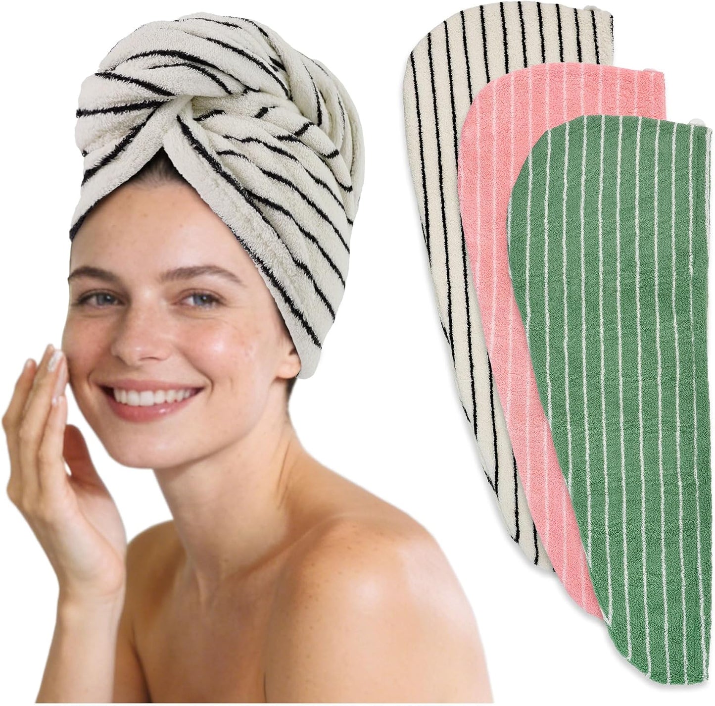 Jacquotha Cotton Hair Towel Wrap for Women (Black & White Striped) – Anti-Frizz Absorbent Quick Drying Hair Turban for Wet Hair, 25” x 9.5”, 1 Pack