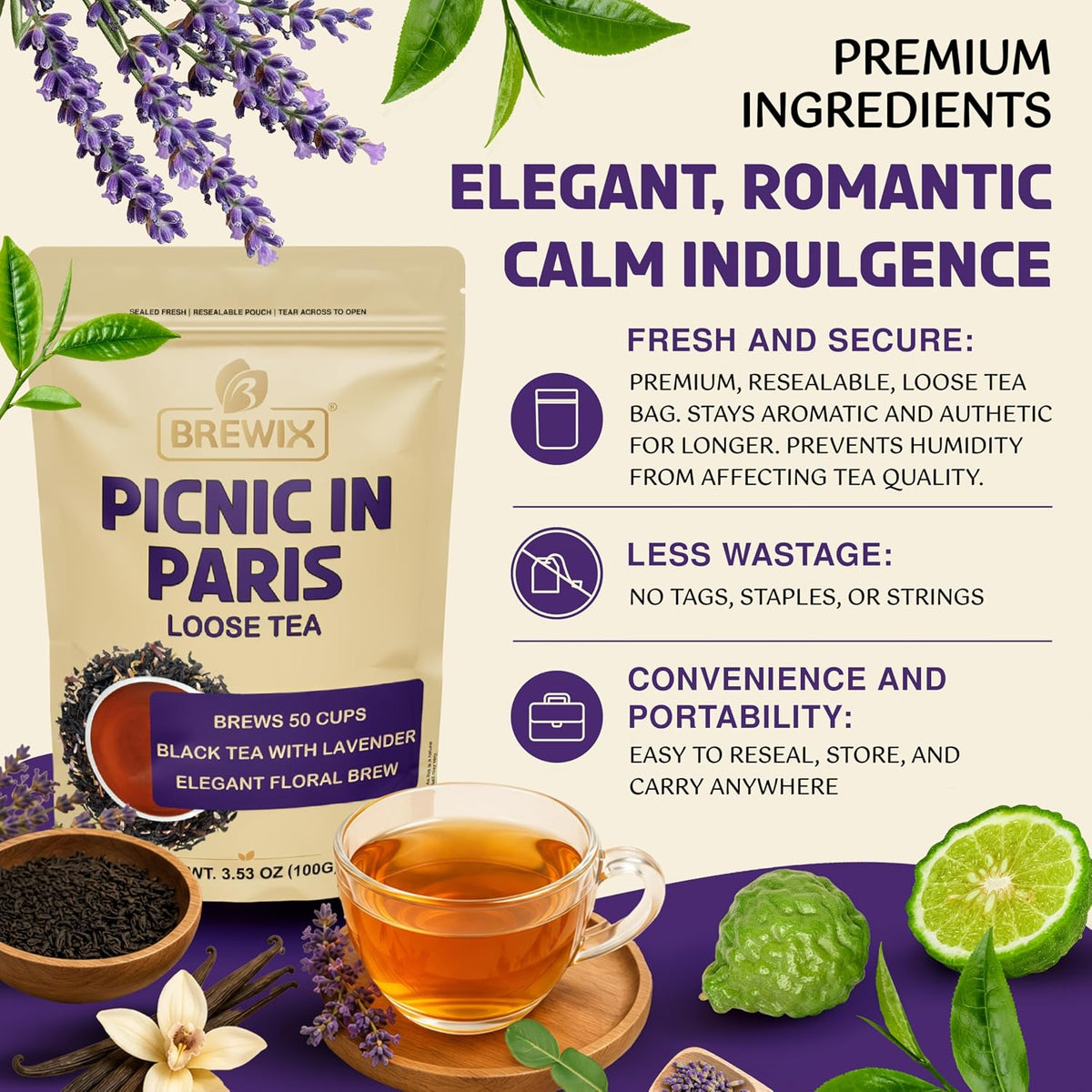BREWIX Earl Grey Lavender Loose Leaf Tea (50+ Cups, 3.53oz/100g) | London Fog Black Tea with Bergamot & Vanilla | Make a Lavender Tea Latte, Hot or Iced | Calming, Aromatic Gourmet Picnic in Paris Blend