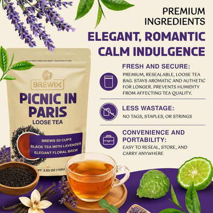 BREWIX Earl Grey Lavender Loose Leaf Tea (50+ Cups, 3.53oz/100g) | London Fog Black Tea with Bergamot & Vanilla | Make a Lavender Tea Latte, Hot or Iced | Calming, Aromatic Gourmet Picnic in Paris Blend