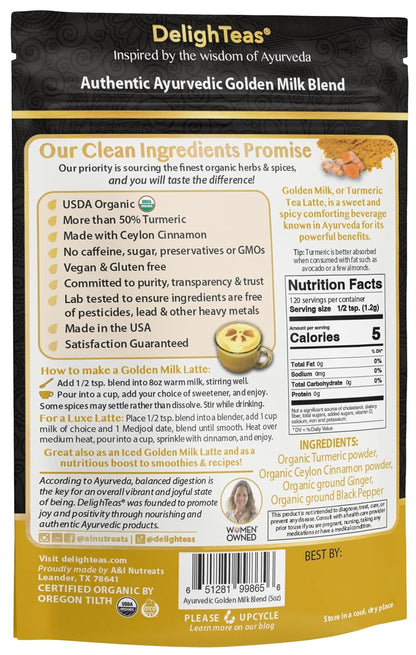 DelighTeas Organic Masala Chai Powder | Caffeine free, Unsweetened, Vegan, Keto | Ayurvedic Digestive Support blend for Chai Spice Tea | 100 Servings, 4oz
