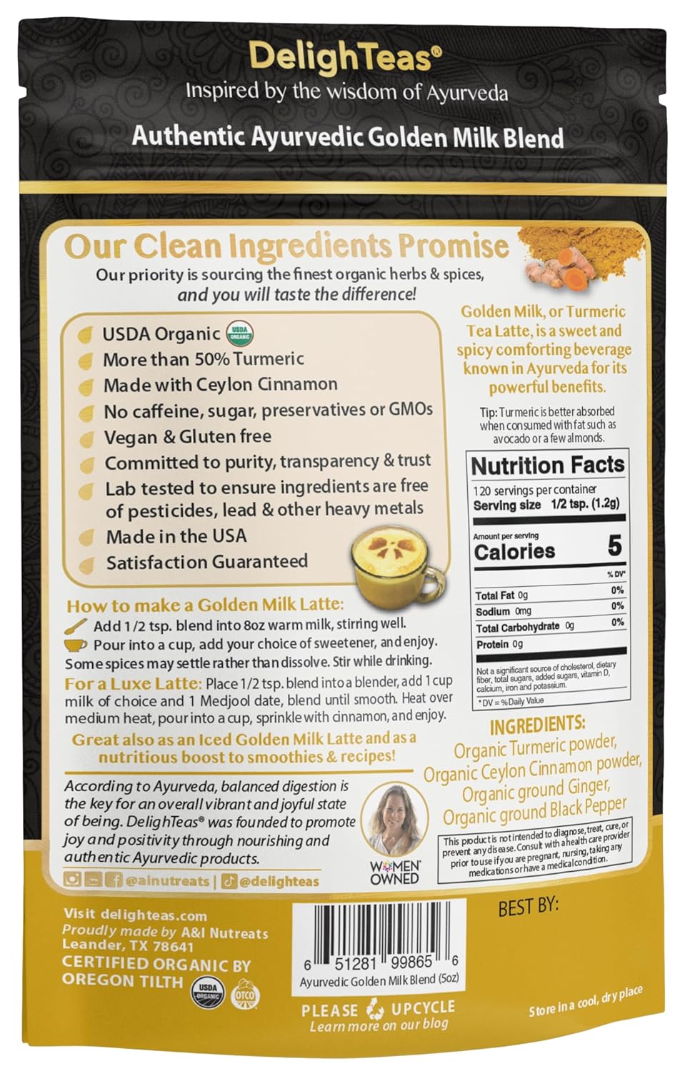 DelighTeas Organic Masala Chai Powder | Caffeine free, Unsweetened, Vegan, Keto | Ayurvedic Digestive Support blend for Chai Spice Tea | 100 Servings, 4oz