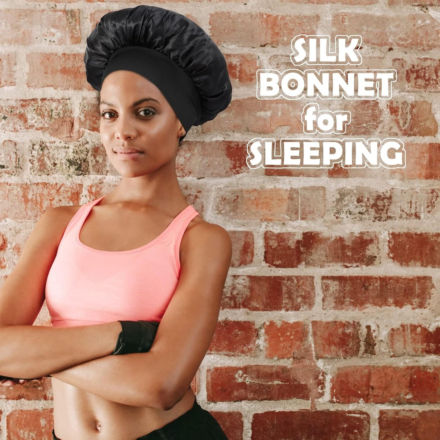 ZHENSILK 2Pcs Silk Bonnet for Sleeping, Satin Hair Bonnets, Soft Elastic Band Silk Sleep Cap, Hair Wrap for Women (Black Gold)