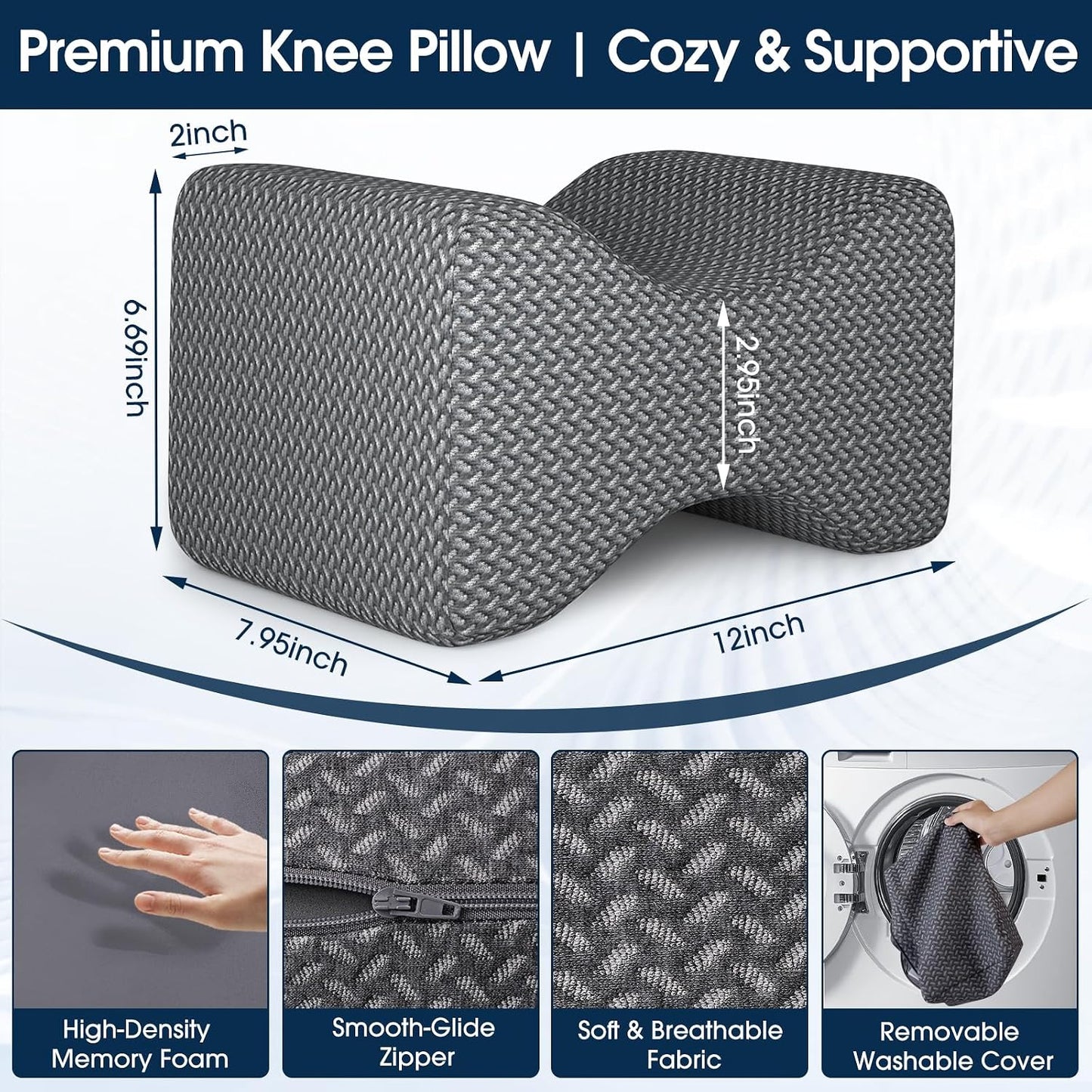 BlissTrends Memory Foam Knee Pillow, Knee Pillow for Side Sleepers, Leg Pillows for Sleeping Blood Circulation, Elevation Pillow for Spine Aligning, Sciatica, Back, Hip, Knee, Ankle Pain, Grey