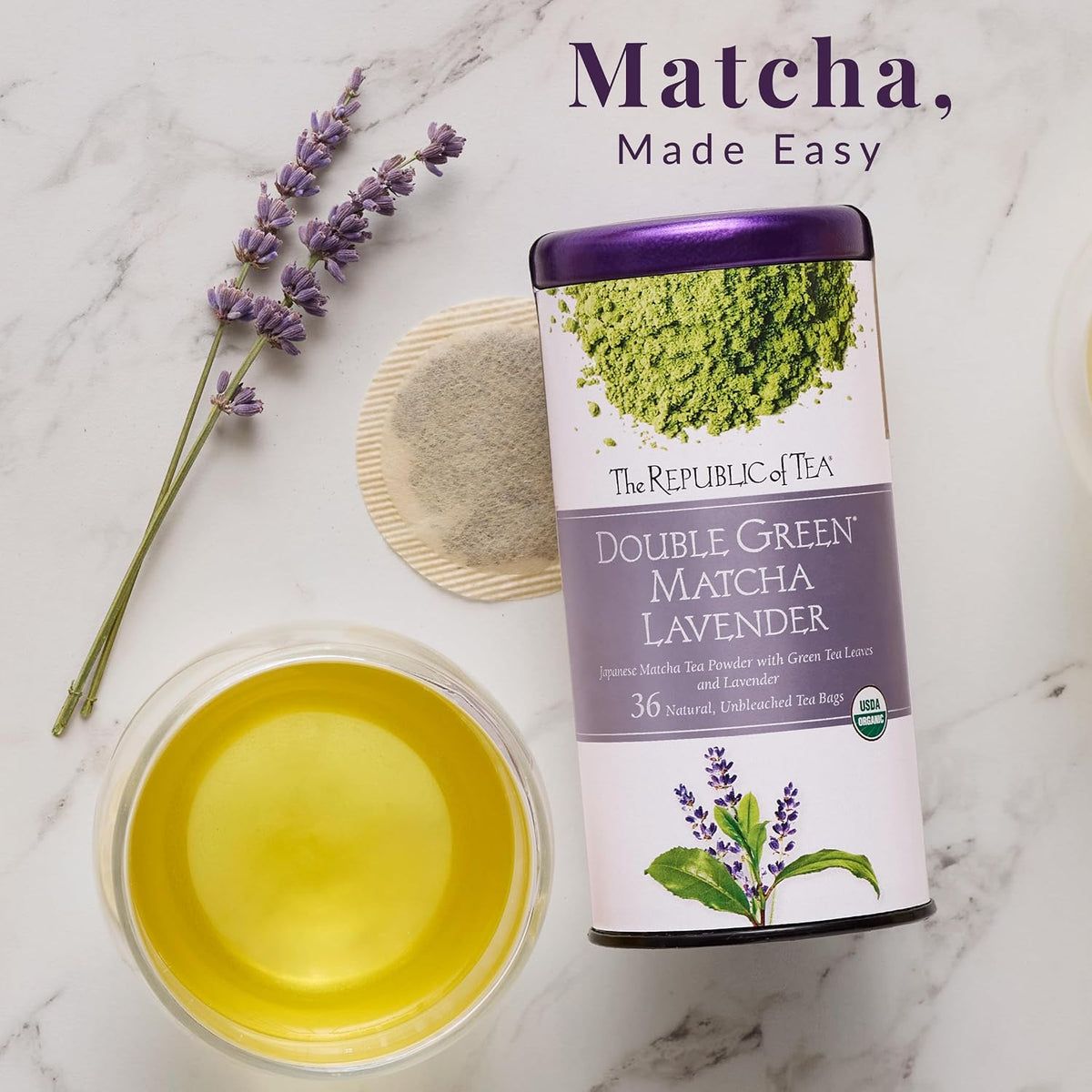 The Republic of Tea Organic Double Green Matcha Lavender, Individual Tea Bags with Japanese Matcha Tea Powder and Green Tea Leaves Blend, Natural Unbleached Bags in Reusable Canister, 36 Tea Bags