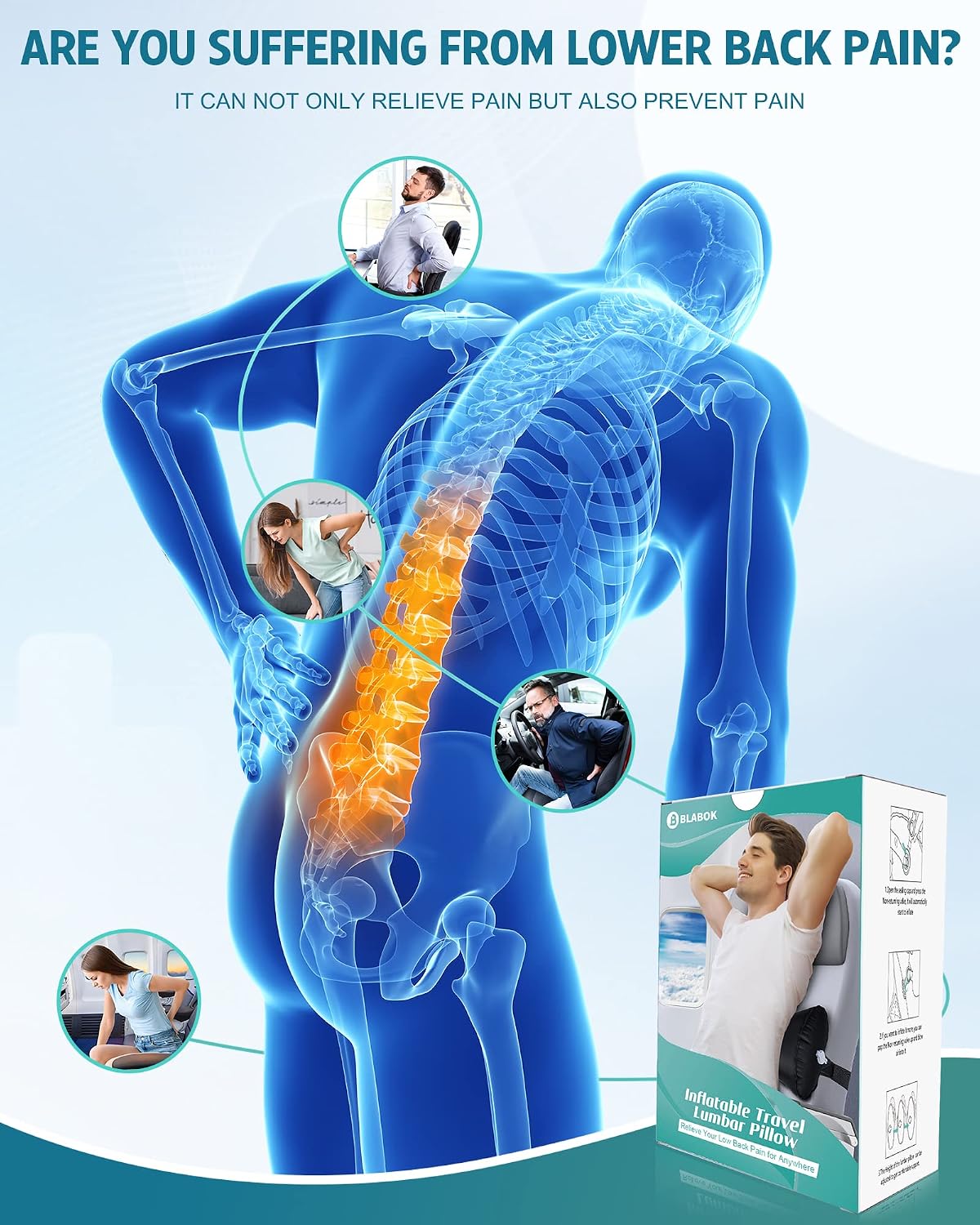 Inflatable Lumbar Pillow for Airplane Travel Lumbar Support Pillow for Car, Office Chair Back Support Office Chair Back Support for Reducing Lower Back Pain (Black)