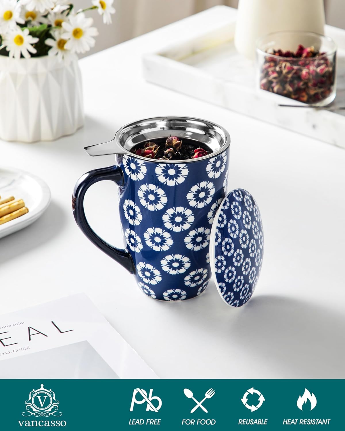 vancasso SELENE Porcelain Tea Mug, 18 oz Porcelain Tea Cup with Infuser and Lid Steeps Loose Leaf Tea, Microwave & Dishwasher Safe, Blossom Cluster