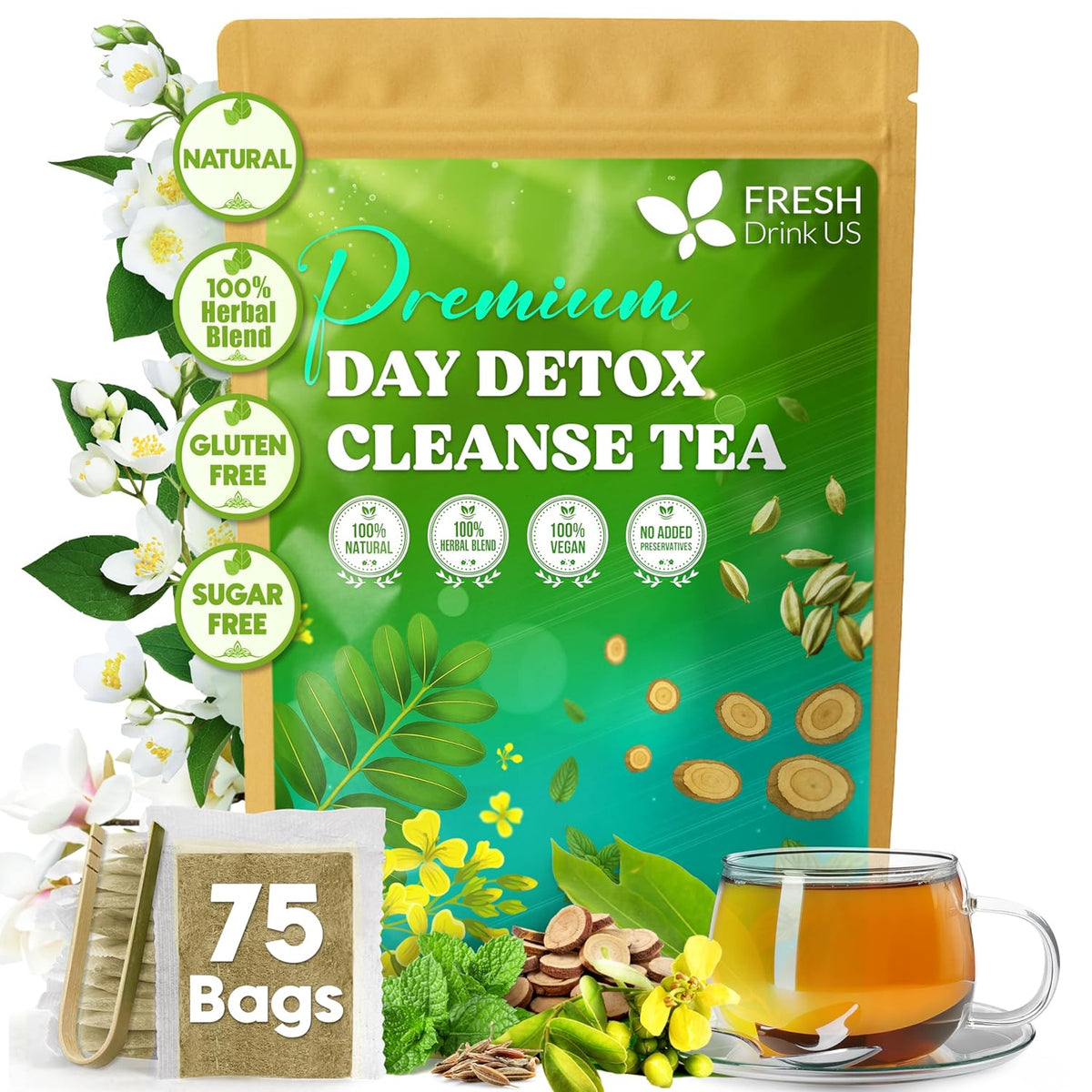 FreshDrinkUS, Premium Herbal Day Cleanse Tea, 75 Count, Caffeine Free