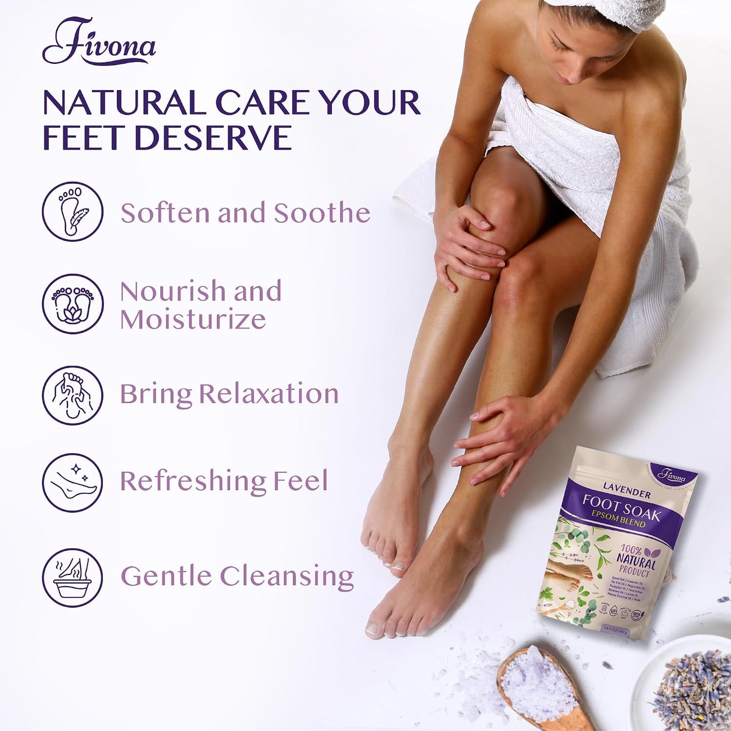 Fivona Tea Tree Foot Soak Blend 14.1 oz - Epsom Salt with Essential Oils for Healthy Toenails, Soothing Relief, Callus Softening - Pedicure Therapy for Soft, Rejuvenated Feet