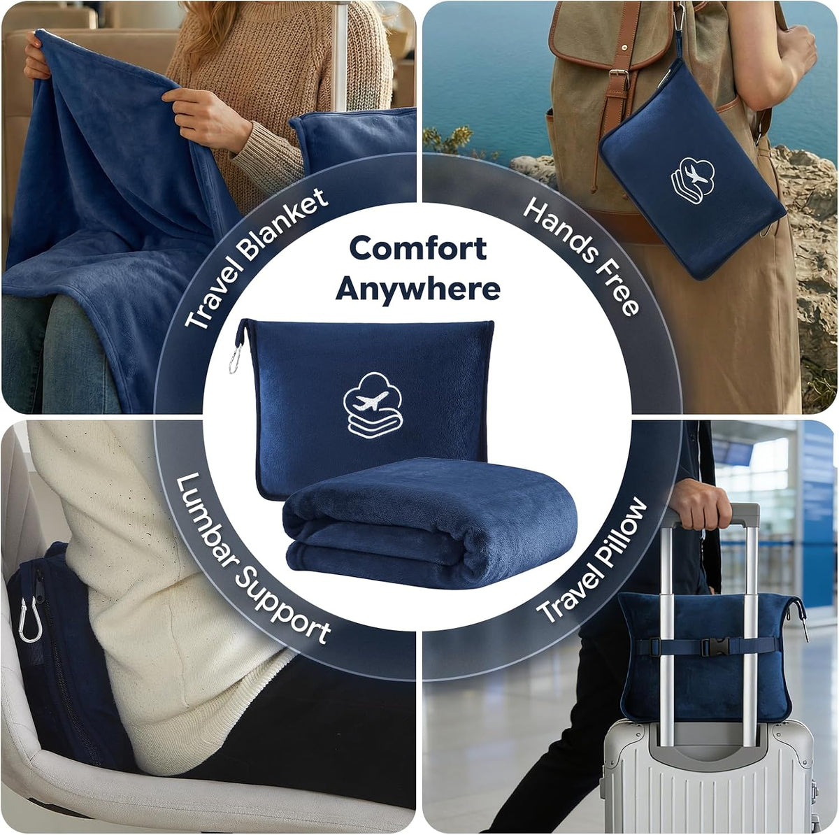 Travel Blanket, Soft 2-in-1 Airplane Blanket, 65x40 Inches, Travel Blanket Airplane Compact with Bag, Car Blanket with Luggage Sleeve & Backpack Clip (Light Grey)