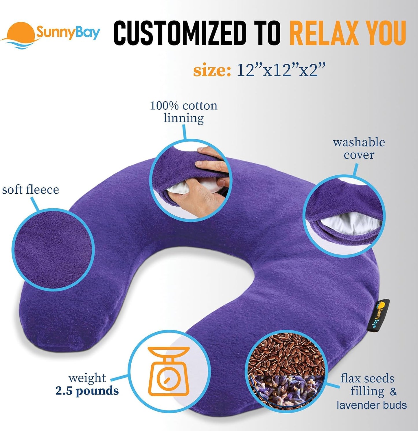 SunnyBay Microwave Heating Pad, Microwavable Heated Neck Pillow for Moist Hot Therapy, Heated Neck and Shoulder Wrap with Flax Seeds Filling and Washable Cover, 12"X12"X2", 2.5 lbs, Navy Blue