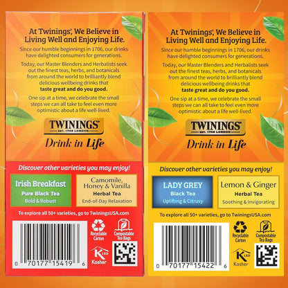 Twinings Tea Variety 2-Pack – English Breakfast + Earl Grey, Caffeinated Black Tea Bags, Individually Wrapped, 20 Count Each