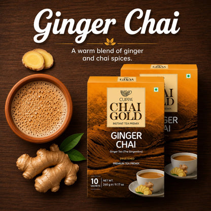 Cuppa Chai Gold Cardamom Chai Instant Tea Premix Sweetened, Rich Cardamom Flavor Tea Beverage Mix, Smooth Creamy Taste, Just Add Hot Water, Convenient Single-Serve Sachets for Home, Office & Travel, 10 Count