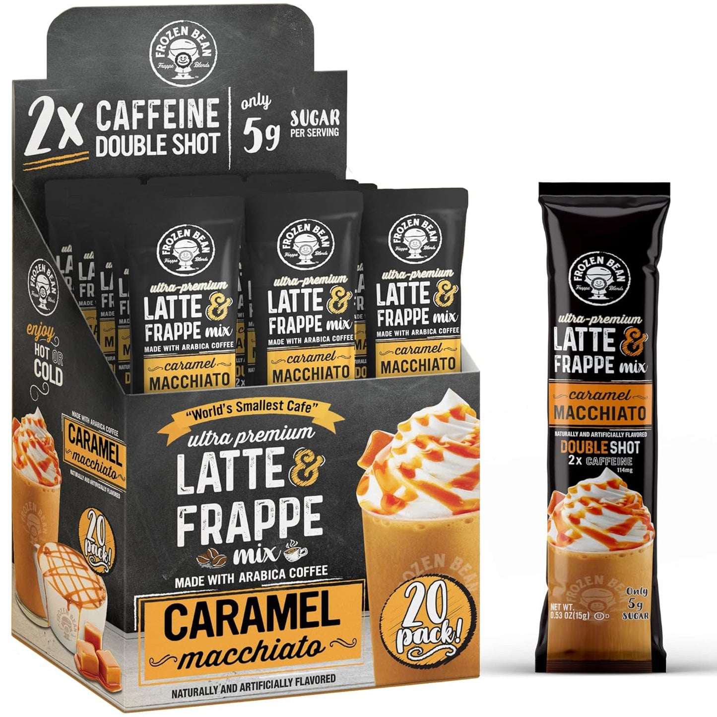 The Frozen Bean Vanilla Bean Frappe & Latte Instant Mix (10 Sticks), Made with Arabica Coffee, Double Shot Caffeine, Low Sugar & Premium Ingredients, Hot, Iced, or Blended Drinks