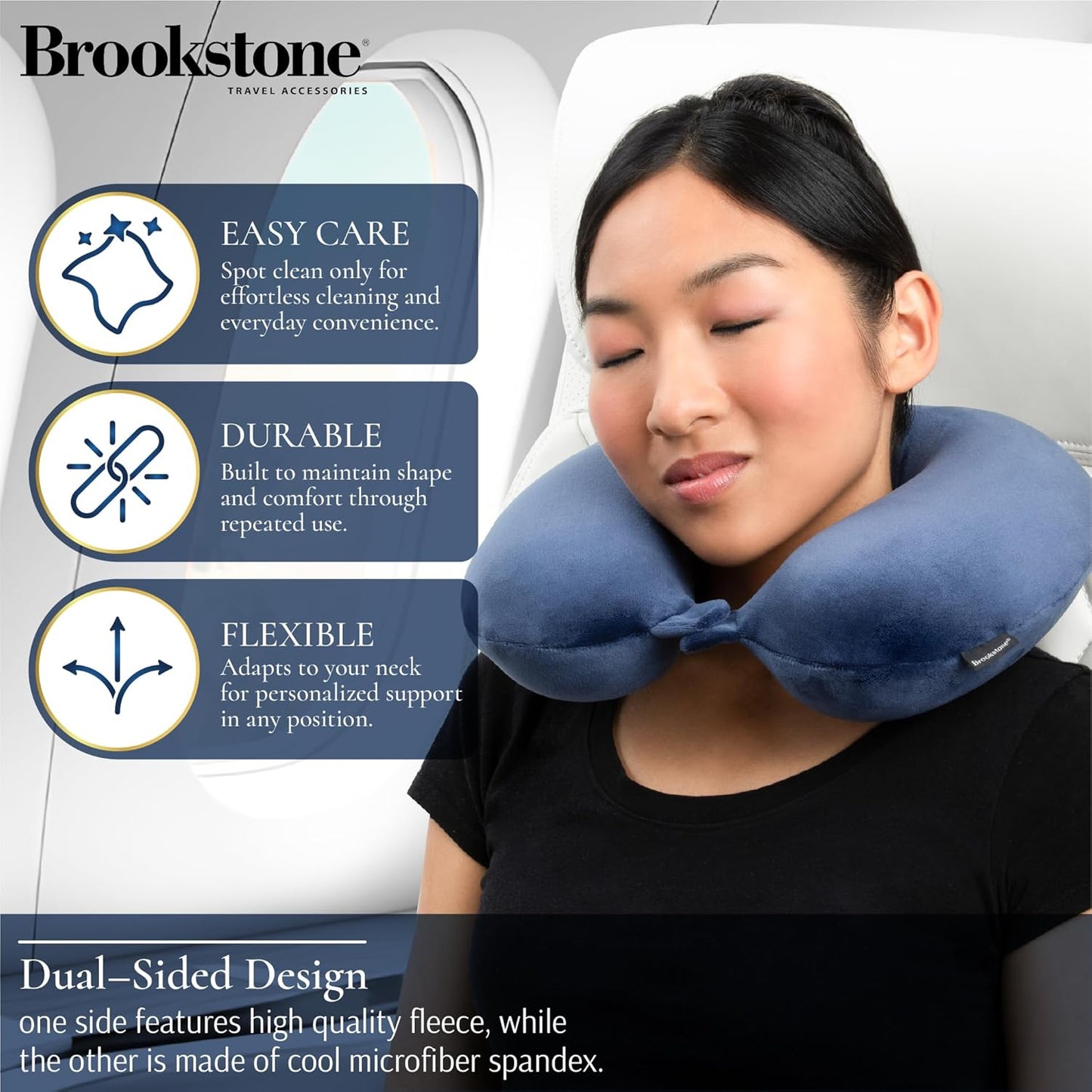 Brookstone Travel Neck Pillow - Lightweight U-Shaped Memory Foam Travel Pillow for Airplane, Car Travels & Sleeping, Blue