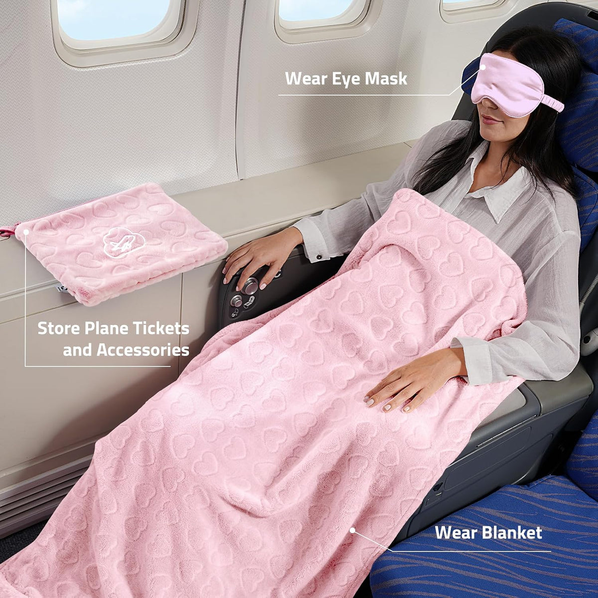 Travel Blanket Pillow,Airplane Blanket Compact with Bag Eye Mask, Ultra-Soft,Warm & Lightweight Included,Travel Essentials for Women & Men, Luggage Sleeve & Backpack Clip 65x40 in, Grey
