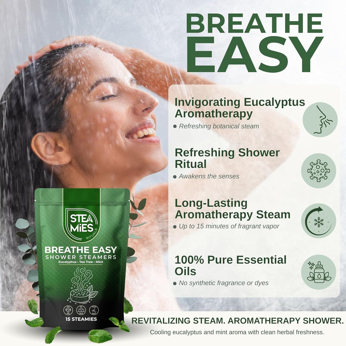 STEAMIES Eucalyptus Shower Steamers Aromatherapy 15 Pack, Self Care Gifts for Women & Men, Spa Stress Relief & Relaxation, Menthol, Peppermint & Tea Tree Essential Oil Shower Tablets