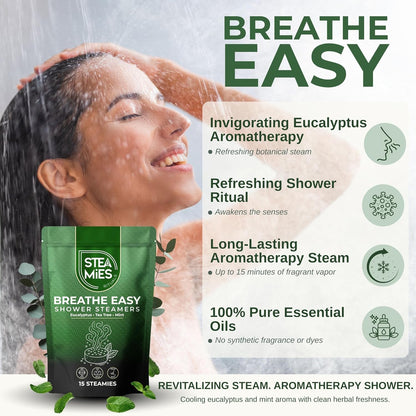 STEAMIES Eucalyptus Shower Steamers Aromatherapy 15 Pack, Self Care Gifts for Women & Men, Spa Stress Relief & Relaxation, Menthol, Peppermint & Tea Tree Essential Oil Shower Tablets