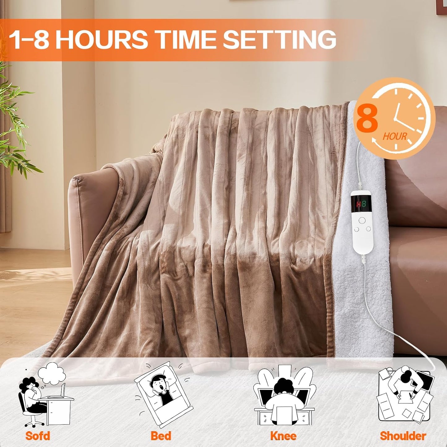 Electric Heated Blanket Throw Size 50''x60''-Control Heating Blanket, Soft & Warm Flannel 10-Level Temperature Control, 8 Hours Auto Off, Rapid Heating & Overheat Protection
