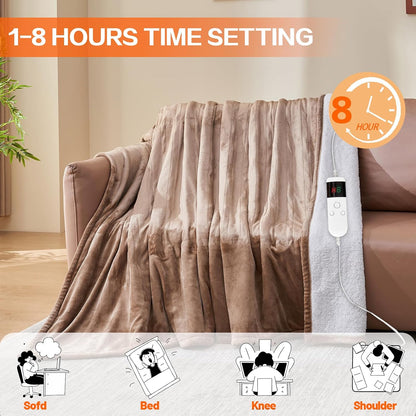Electric Heated Blanket Throw Size 50''x60''-Control Heating Blanket, Soft & Warm Flannel 10-Level Temperature Control, 8 Hours Auto Off, Rapid Heating & Overheat Protection