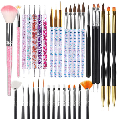 Artdone 31pcs Nail Art Brushes, Nail Art Tool Set, Dotting Tools, Dust Brush,Striping Brushes for Long Lines, Drawing Pen For Gel Polish Design supply