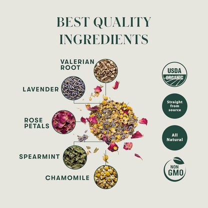 Luxmi Estates Organic Valerian Root, Chamomile, & Lavender Loose Leaf Tea 50g/1.76oz (25 cups) for Sleep | Caffeine Free Wellness Sleep Tea