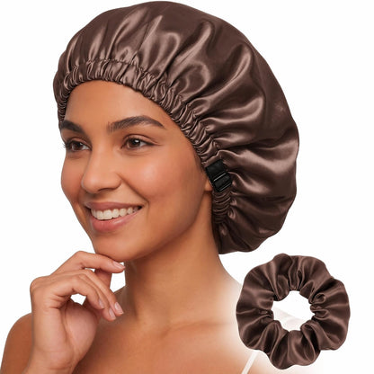 Adjustable Double Layer Silk-Satin Hair Bonnet for Sleeping Women – Anti-Frizz Curly Hair Sleep Cap, Hair Protector for Night, Moisture Retention Soft Bonnet for Natural Hair (black,Large)