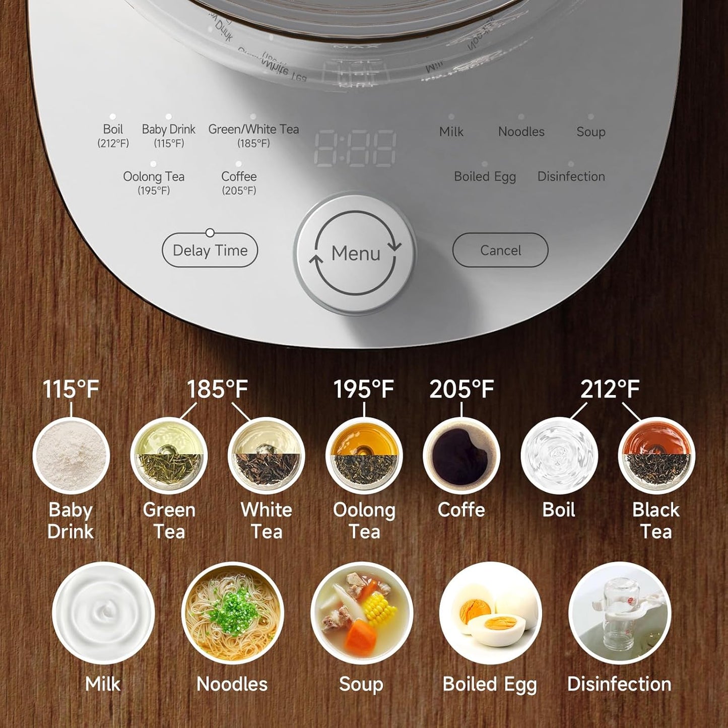 Electric Kettle 1.5L Borosilicate Glass, 1200W Temperature Control Tea Kettle with Auto Shut-Off & Boil-Dry Protection, BPA-Free Stainless Steel Base, Fast Boil for Coffee & Keep Warm, White