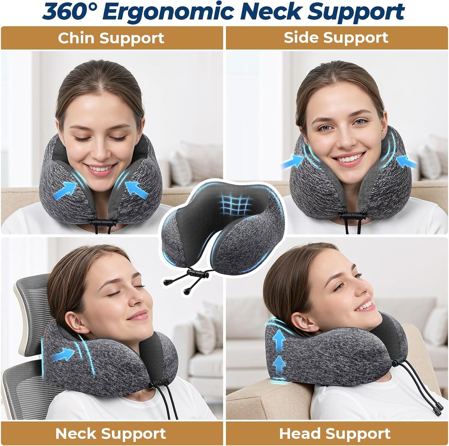 ExploreBliss Travel Pillow, Travel Pillows for Sleeping Airplane, Neck Pillow Airplane, Memory Foam Neck Pillow Set with Eye Mask, Earplugs and Storage Bag -Grey