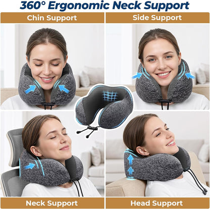 ExploreBliss Travel Pillow, Travel Pillows for Sleeping Airplane, Neck Pillow Airplane, Memory Foam Neck Pillow Set with Eye Mask, Earplugs and Storage Bag -Grey