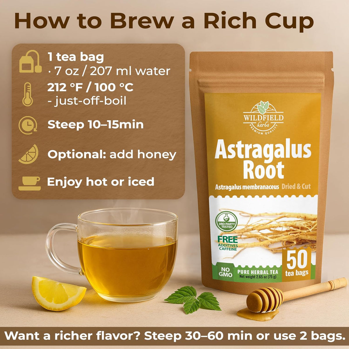 WILDFIELD HERBS 50 Bags Astragalus Root Herbal Tea – 50 Tea Bags 1.5g Astragalus Root Huang Qi