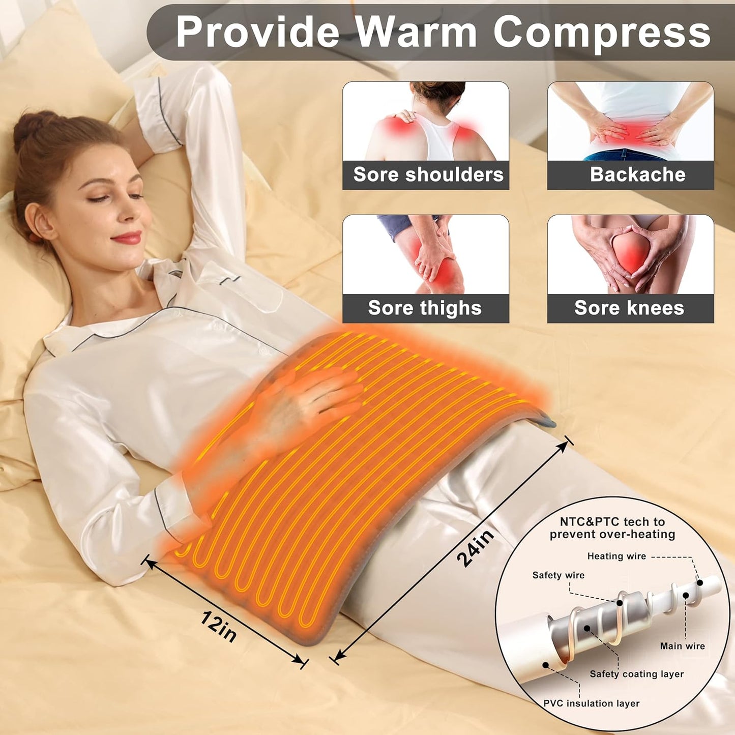 Heating Pad Electric Heat Pad, Hot Heated Pad,Multiple Temp and Timer Settings,Suitable for Shoulders, Neck, arms, Abdomen, Back, Legs, etc. (Silver Gray, 24"X12")