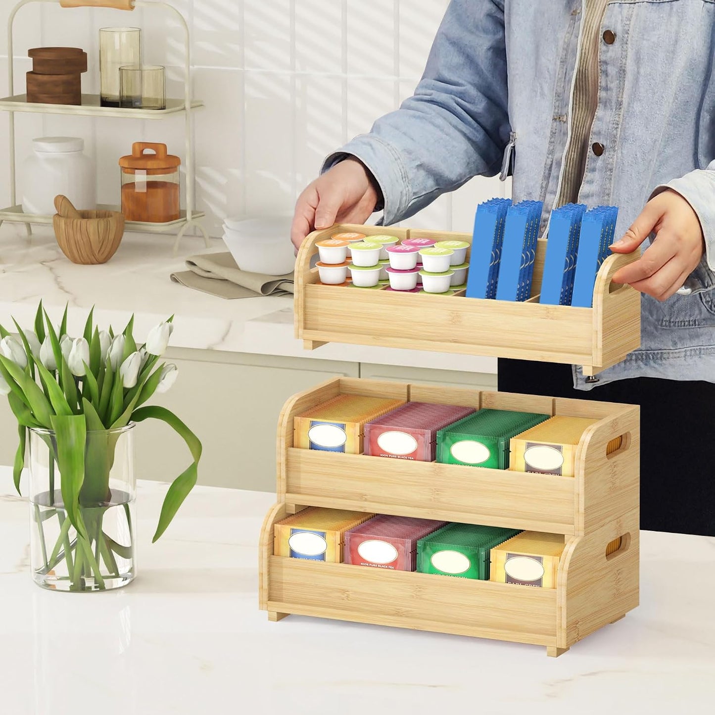 3-Tier Bamboo Tea Bag Organizer, Stackable Tea Holder for Countertop, Black