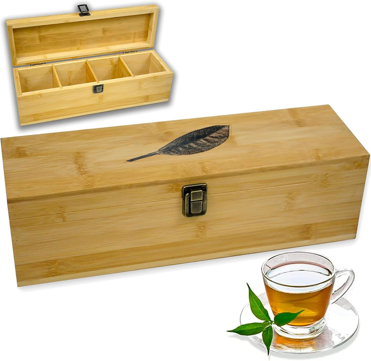 Tea Organizer Box Food Safe Chemical Free Bamboo Wood Storage Chest Big, Tall, Adjustable Cubbies (8-Slot 14.3" x 8.1" x 4.2" with TEA print design)