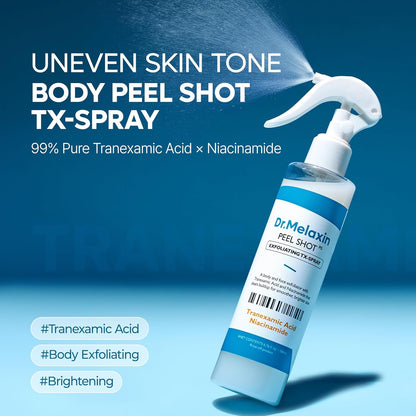 Dr.Melaxin Peel Shot Kojic Acid Turmeric Body Exfoliator Spray 6.76 fl.oz - AHA PHA Niacinamide Body Scrub for KP Bumps, Dark Spots, Uneven Skin Tone, Dead Skin, Korean Skin Care