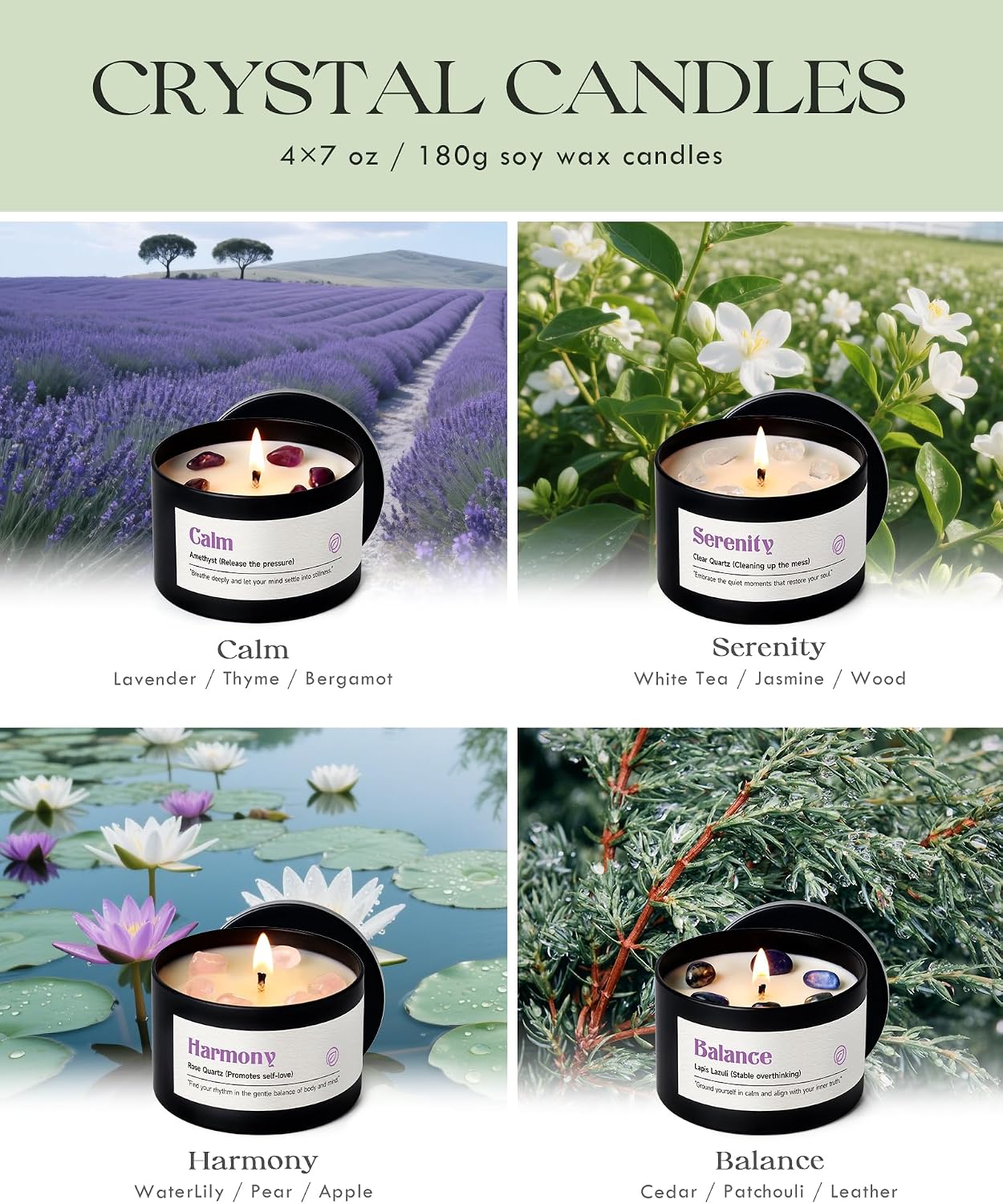 AOOVOO Crystal Energy Candles Set for Women - 4 Pack 26 oz Soy Wax Candles for Home Scented, 200 Hour Long Lasting Candle, Laughter Red Crystal/Love Rose Quartz/Joy Citrine/Passion Red Quartz