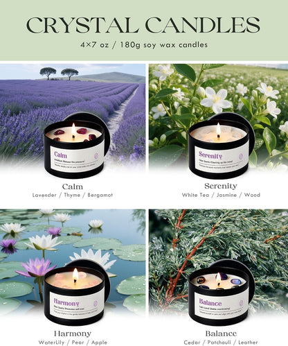 AOOVOO Crystal Energy Candles Set for Women - 4 Pack 26 oz Soy Wax Candles for Home Scented, 200 Hour Long Lasting Candle, Laughter Red Crystal/Love Rose Quartz/Joy Citrine/Passion Red Quartz