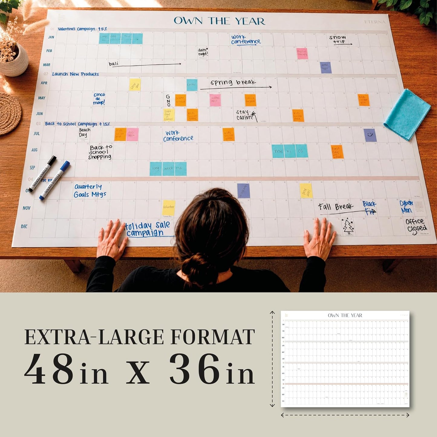 ETERNA GOODS Undated Giant Wall Calendar | 4ft x 3ft Full-Year Dry Erase Planner Start Anytime, Own The Year Jumbo Whiteboard Wall Calendar, Includes Markers, Stickers & Mounting Kit, for Home or Office