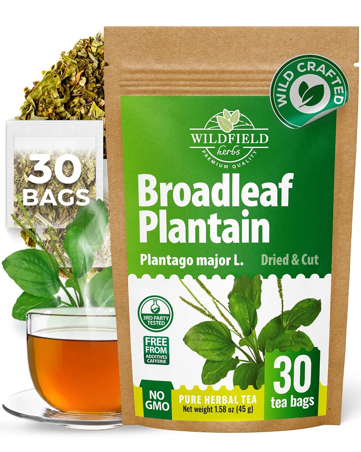 50 Bags Broadleaf Plantain Leaf Herb Tea (Plantago Majoris Folia) Plantain Leaves Tea - 50 Count 1.5 g Bags Llanten